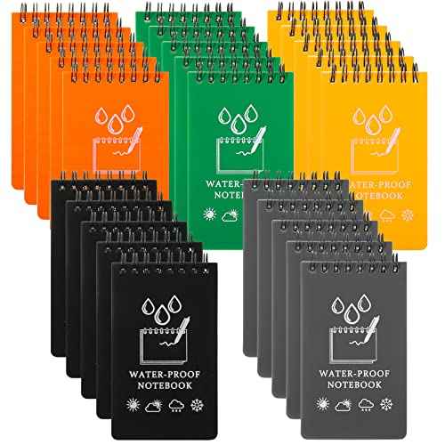 50 Pcs Waterproof Notebook Bulk, 5 x 3 Inch Pocket Notepad Top Spiral Memo All Weather Police Notebook Tactical Journal Writing Note Pad for Outdoor Activities Recording, Black Gray Blue Yellow Orange