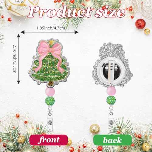 Christmas Tree Badge Reel with Retractable Clip, Cute Pink Bow Holiday Nurse ID Card Badge Holder, Glitter Name Tag Badge Reels for Women Nursing Accessories Student Teacher Gifts
