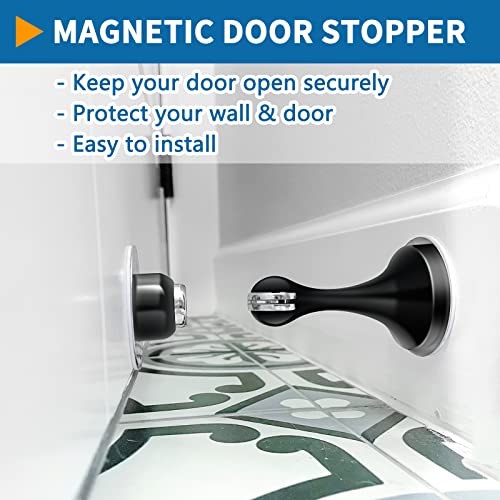 Magnetic Door Stoppers 10 Pack, Stainless Steel, Black Magnetic Door Catch Holder, Heavy Duty Doorstops with Double-Sided Adhesive Tape