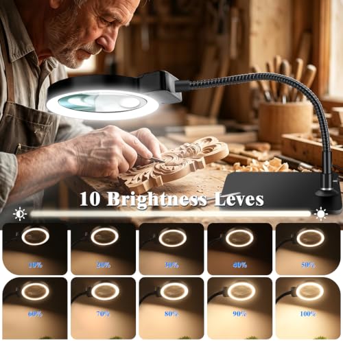 Black 30X-12X Magnifying Glass with Light & Stand, 5-Inch HD Lens