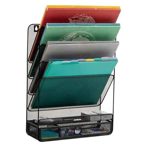 Mind Reader 4-Tier Vertical File Storage, Desktop Organizer, Wall Mount, Office, Metal Mesh, 12.5" L x 4" W x 16.5" H, Black