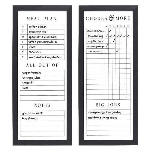Sheffield Home Set of Two Family Planner Dry Erase Boards Featuring, Chore Chart, Shopping List, Weekly Meal Planner and Notes, 9x21 Inch, Black