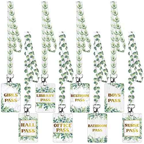 Teling 8 Sets Hall Pass Lanyards and School Passes Set Unbreakable PVC Passes for School Classroom Hall Restroom Bathroom Library Office Nurse Teacher Supplies(Eucalyptus Style)