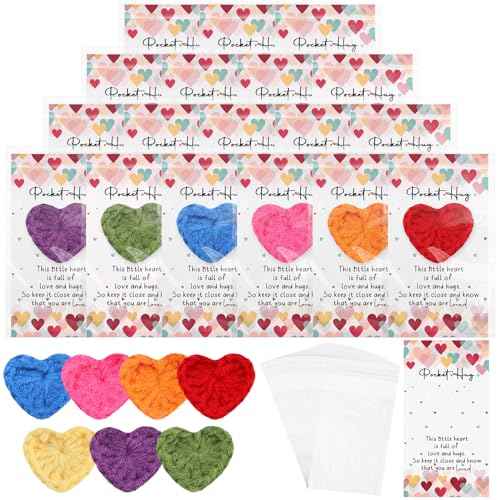 140 Sets Emotional Support Gift Bulk Cute Hand Crocheted Pocket Hug Heart Inspirational Cards and Bags Classroom Gift Exchange Party Favors for Preschool Toddler Boy Girls
