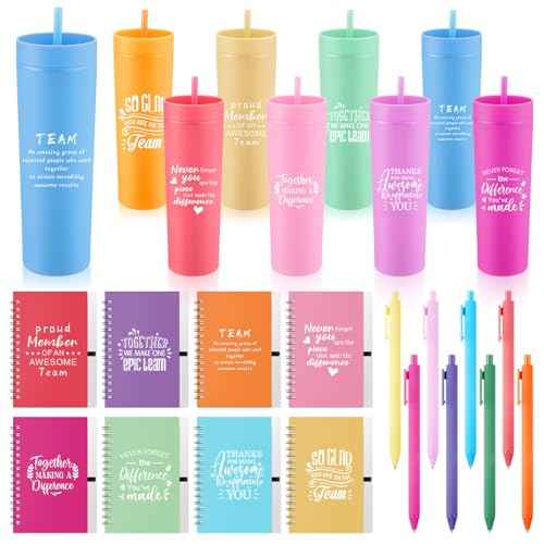 Honeydak 8 Set Employee Appreciation Gifts Bulk Thank You Tumblers with Lids and Straws 16 oz Plastic Coffee Cups with Notebooks and Pens for Coworker Christmas Office Gifts(Bright,Proud)