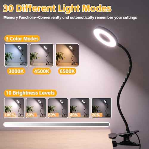 Foneso Desk Lamp Clip on Light, 48 LED USB Lamp with 3 Color Modes 10 Brightness Levels, 360¡Æ Flexible Gooseneck Eye Protection Bed Night Light for Reading, Makeup, Craft (Black)