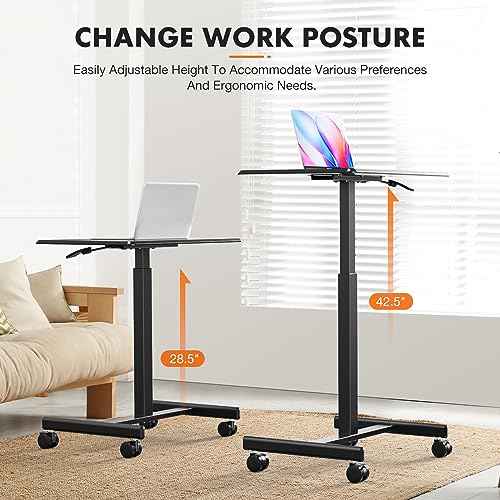 Sweetcrispy Mobile Small Standing Desk - Sit Stand Portable Rolling Laptop Desk with Lockable Wheels, Adjustable Height Computer Workstations, Modern Black