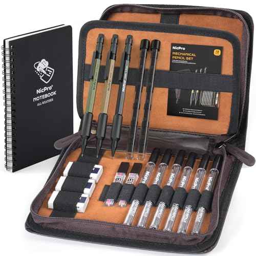 Nicpro 1.3mm Mechanical Pencil Set in Leather Bag with Waterproof Field Notebooks, 3PCS Metal Heavy Duty Carpenter Pencil with Lead Refill & Eraser for Outdoor Journal Travel Drafting Drawing