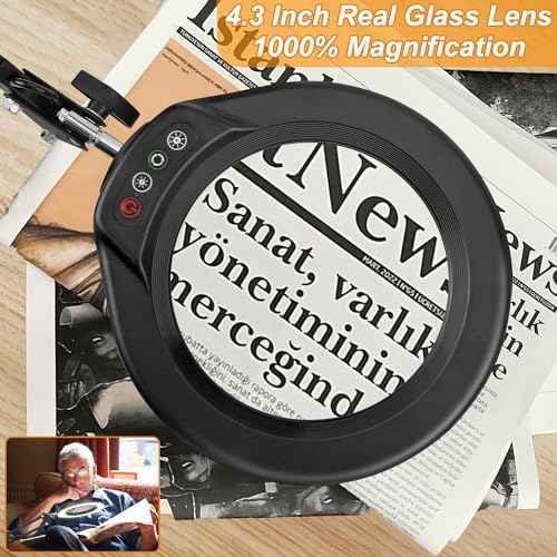 10X Large Magnifying Glass with Light and Stand, 2 x 16 Inch Adjustable Swivel Arm LED Desk Lamp with Clamp, 5 Color Modes Stepless Dimmable, Lighted Magnifier Hands Free for Close Work, Hobby