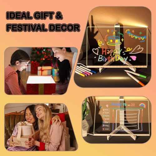 LED Note Board with Colors, Light Up Acrylic Message Board, Glowing Acrylic Dry Erase Board with Light, Led Drawing Board for Kids with Stand, 7 Markers (Large 11.8 * 7.9 inches)