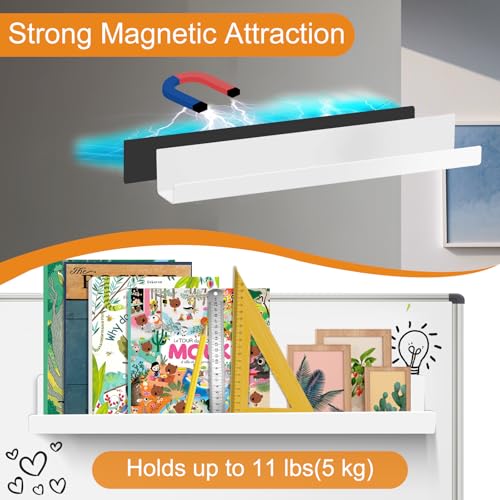 PruQuaiy 2 Pack Magnetic Book Shelf - Acrylic Reusable Display Panel for Whiteboards, Classrooms & Home, Adhesive-Free Storage with 11lb Capacity (White)