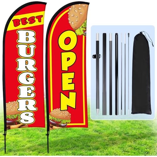 Buryeah 2 Sets Burgers Open Feather Flag for Business Advertising 8 ft Feather Flag Sign with Flagpole Ground Stake Portable Bag Burgers Banner for Outside (Red)