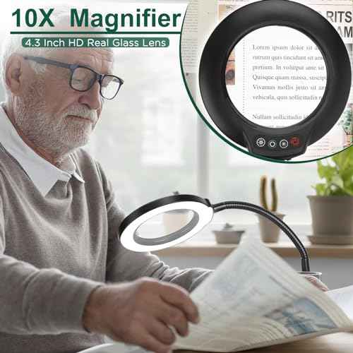 Drdefi 10X Magnifying Glass with Light and Stand, 5 Color Modes Stepless Dimmable Flexible Gooseneck Magnifying Desk Lamp, LED Lighted Magnifier Hands Free for Close Work Craft Reading Painting Hobby