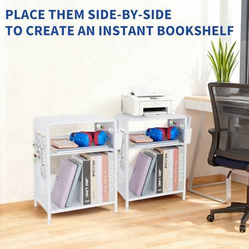 White Printer Stand with Storage Shelf, Small 3-Tier Height Adjustable Printer Table, Industrial Under Desk Printer Stand with Basket & 3 Hooks for Home Office Fax Machine Scanner Files