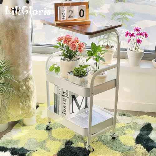 3-Tier Metal Utility Rolling Cart with Drawer & Wooden Table Top£¬with Fixed Wheel Locks,for Small Spaces Kitchen Storage£¬Office Bookshelves, Bedroom Racks, and Bathroom Storage. (White)