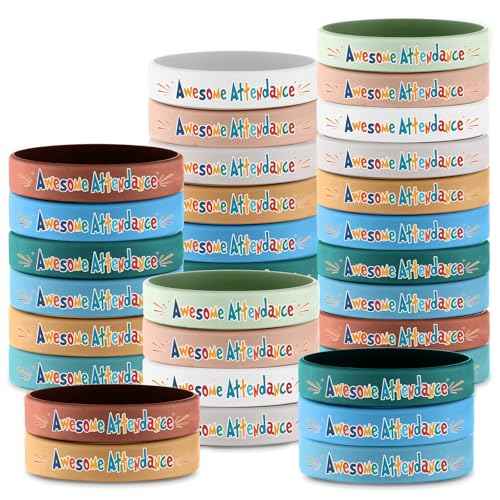 200 Pcs Awesome Attendance Wristbands for Students, Perfect Attendance Awards for Classroom Prizes, Unisex Stretch Silicone Motivational Wristbands for Student from Teacher Classroom Prizes