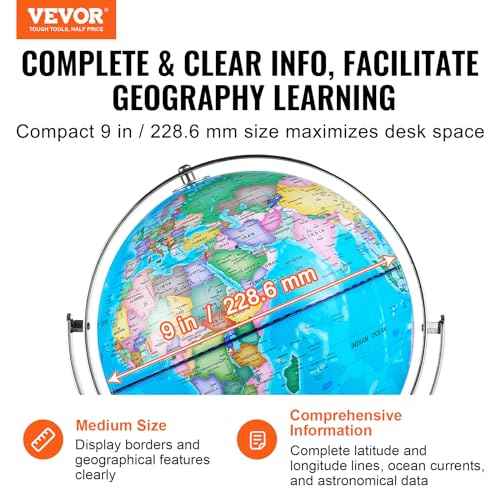 VEVOR Illuminated World Globe with Stand, 9 in/228.6 mm, Educational Earth Globe with Stable Heavy Metal Base and LED Constellation Night Light HD Printed Map, Spinning for Kids Classroom Learning