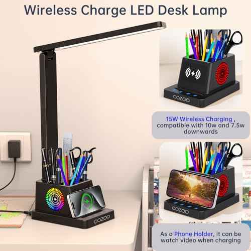 cozoo Desk Lamp,LED Desk Lamps for Home Office,Wireless Charger Small Desk Lamp with Pen Holder,Color Changing Nightlight,12 Lighting Modes,Desk Lamp for College Dorm Room,Desk Light,Nail Desk Lamp