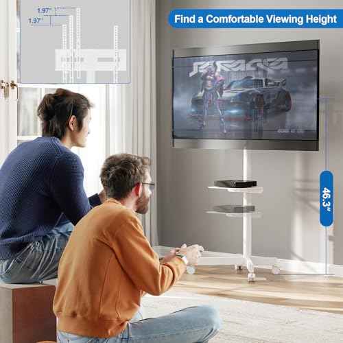 Mobile TV Stand for 23-65 Inch LCD LED Flat/Curved Panel Screen TVs, Height Adjustable Rolling TV Stand with Tilt Mount and Shelf, Portable Stand Holds up to 110 lbs, Max VESA 400x400mm, White
