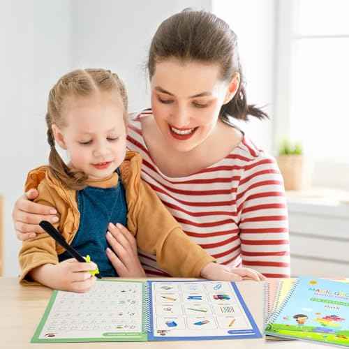 Magic Ink Copybooks for Kids, Reusable Grooved Handwriting Workbooks Practice for Kids Learn to Write Number and Letter Books