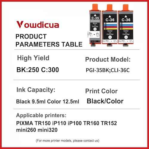 PGI-35 CLI-36 Ink Cartridges PIXMA TR160 TR150 IP110 IP100 Ink Replacement for Canon 35 36 Ink Cartridges Compatible for PIXMA TR150 IP110 TR152 mini260 mini320 Printers 3-Pack (2 Black, 1 Color)