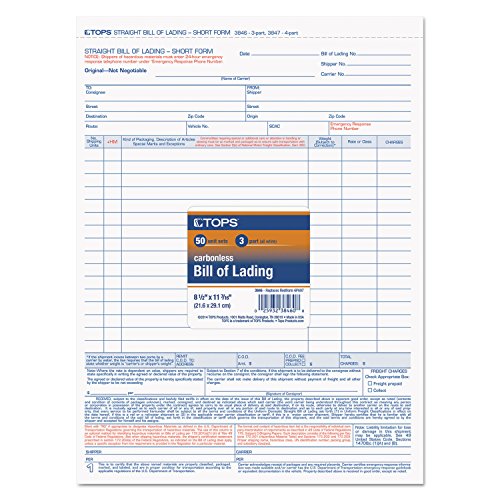 TOPS Bill of Lading Expanded Form – 8.5 x 11, 50 Sets, 3-Part, Snap-Off