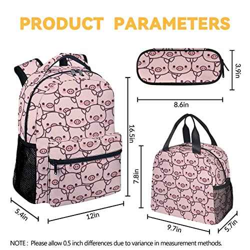 Pig Backpack with Lunch Box and Pencil Case, 16 Inch Cute Pig Bookbag Durable, Lightweight, Large Capacity, Funny Animal Backpack for School Girls Kids Women