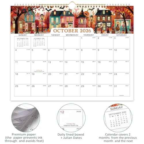 2026 Calendar - 2026 Wall Calendar, Jan. 2026 - Dec. 2026 Wall Calendar, 14.8'' x 11.6'', with Julian Dates, Hanging Hole, Thick Paper, Landscape Calendar