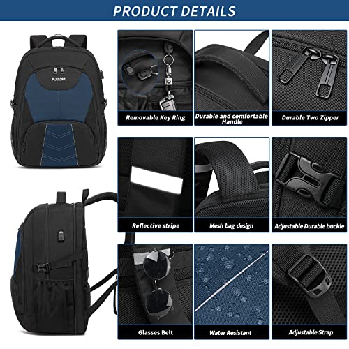 PUSLOM Extra Large Travel Laptop Backpack for Men 55L,Water Resistant 18.4 inch Big Business Laptop bags with USB Charging Port,TSA Friendly Anti Theft Computer Bag for Work College,Blue