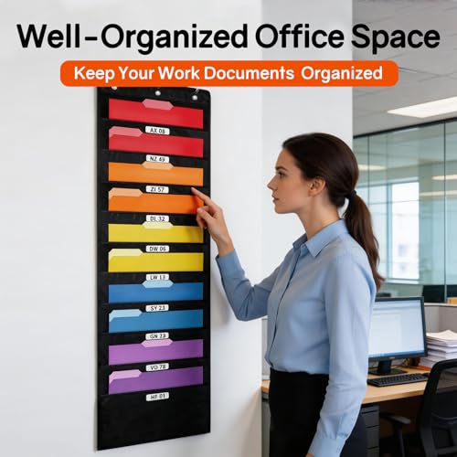 SUNEE 10-Pocket Hanging Wall File Organizer Black Space Saver Office Classroom