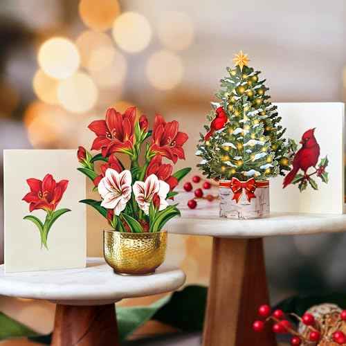 Freshcut Paper Pop Up Cards, Holiday Collection, 6 inch Mini Sized Paper Flower Bouquet 3D Popup Greeting Cards, Christmas Card, Holiday Card, Blank Notecards & Envelopes, Pack of 5