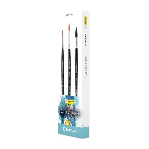 Escoda | Watercolour | Artist Set Conrad Roset | Size 4,8,10 | 3 Brushes | Synthetic Gold Toray + Tendo | Round mop + Round Pointed