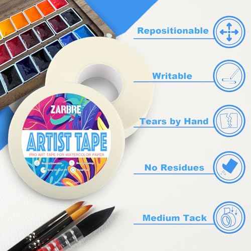 Artist Tape, White Art Tape for Watercolor Paper, Medium Tack Masking Drafting Tape for Painting Canvas Framing, Acid-Free, 0.5in x 164FT Long