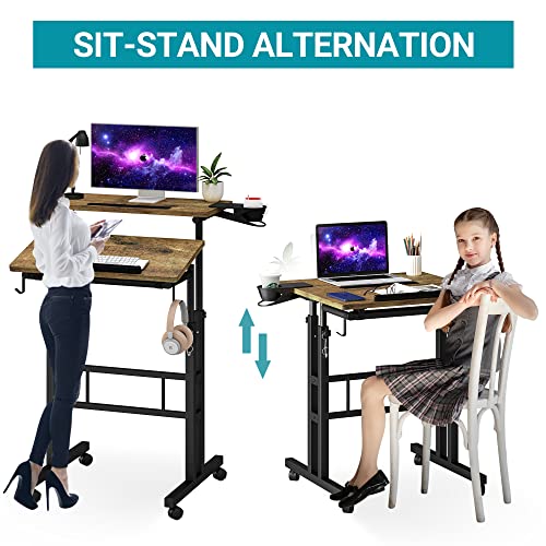 Klvied Rolling Mobile Desk with Cup Holder, Portable, Adjustable Height Small Stand up Desk on Wheels for Home Office Laptop Cart, Computer, Standing or Sitting,Oak