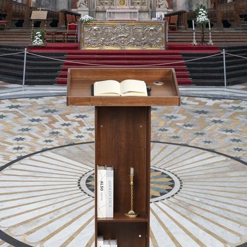 BEQUZON Chestnut Brown Wood Podium with Slanted Top – Standing Lectern for Church, Classroom, Weddings