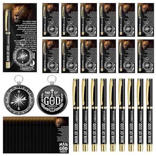 30 Sets Fathers Church Gifts Bulk Include Christian Mini Compass Man of God Compass Religious Ballpoint Pens with Gift Cards Bags for Dad Pastors Church Nautical Travel Party Favors