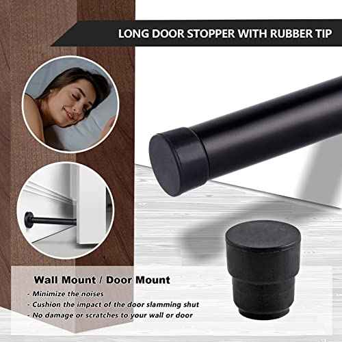 Long Door Stopper, Door Stops 5 Inch Wall Mount Door Stopper Wall Protector, Heavy Duty Solid Black Doorstop Brushed Stainless Steel with Soft Rubber Bumper Tips