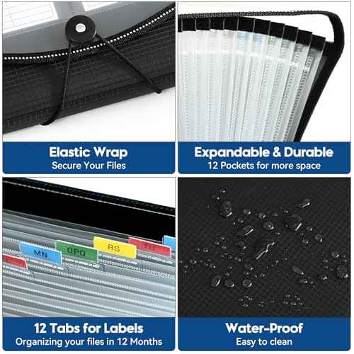 12-Pocket-Expanding File-Folder,Accordion-File-Organizer, A4/US Letter Size Paper Receipt Organizer Accordian Filing Folders (Black-T-12 Pockets)