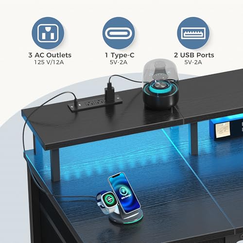 DUMOS 40-Inch Black Gaming Computer Desk with Reversible Drawers & RGB LED, Home Office