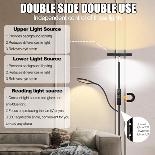 LED Floor Lamp, 36W/3000LM Super Bright Modern Tall Standing Lamp, 3 Color Temperatures Torchiere Sky Lamp with Dimmable Reading Light, Remote & Touch Control for Living Room, Bedroom, Office