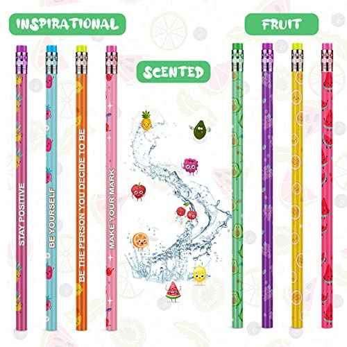 Leinuosen 30 Pcs Scented Pencils Bulk for Kids Inspirational Cute Fun Wood Smelly Pencils with Erasers Fruit Elements for School Classroom Office Students