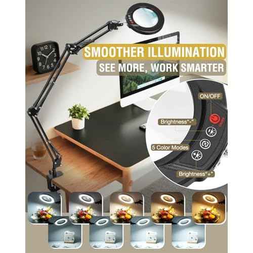 10X Magnifying Glass with Light and Clamp, Ultra Long 3 Section Swing Arm LED Desk Lamp, 5 Color Modes Stepless Dimmable, Hands Free Lighted Magnifier with Stand for Repair Reading Crafting Close Work