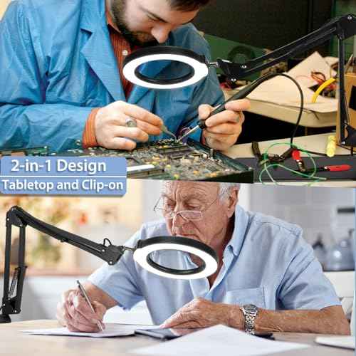 Drdefi 10X Magnifying Glass with Light and Stand, 2-in-1 Magnifying Desk Lamp Rectangular Base & Clamp, 5 Color Modes Stepless Dimmable, LED Lighted Magnifier Hands Free for Painting Sewing Craft