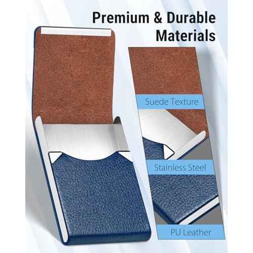 MaxGear Business Card Holder, PU Leather & Stainless Steel Business Card Case for Men or Women, Slim Name Cards Holder RFID Blocking Credit Cards Carrier with Magnetic Closure, Blue
