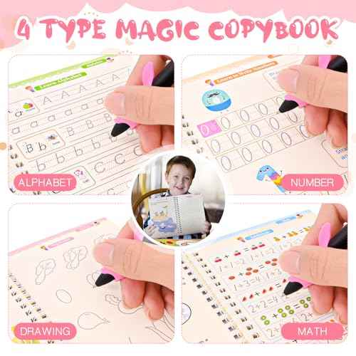4 Pc Magic Grooved Practice Copybook,Reusable Grooved Writing Books,Handwriting Book Practice for Kids,Writing Practice for Kids Ages 3-8 Calligraphy (4pc+Pen) (4 Books with Pen)