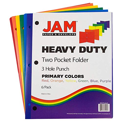 JAM Paper Heavy Duty Plastic Pocket Folders 6-Pack - Assorted Colors, 3-Hole Punch, 9.5 x 11.6 inches