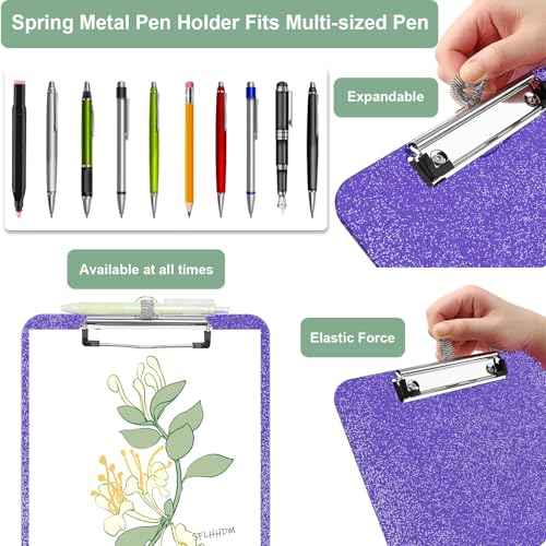 1 Pcs Clear Glitter Clipboards, Plastic Clipboard with Pen Holder,Size 8.85 x 12.4 in Shiny Clipboards with Low Profile Clip,Cute Hanging Clipboard for Office School Supplies Sparkly Clip board-Purple