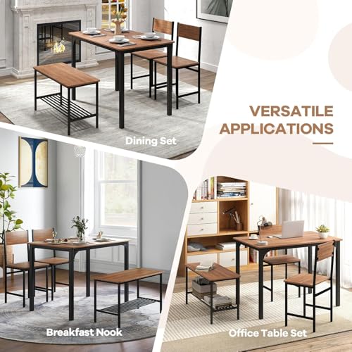NAFORT Brown 4-Piece Industrial Dining Set with Bench – 43.5''L x 27.5''W, Rustic Wood & Black Metal