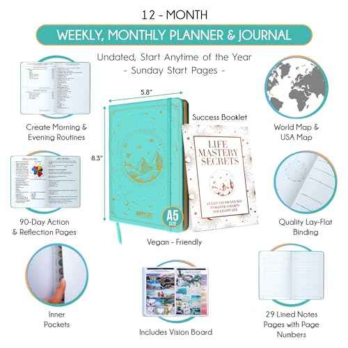 Life Mastery Planner - A 12 Month Journey to Crush Your Goals, Increase Productivity, Passion, Success & Happiness - Weekly & Monthly Life Planner, Habit-Tracker, Gratitude Journal & Organizer, A5