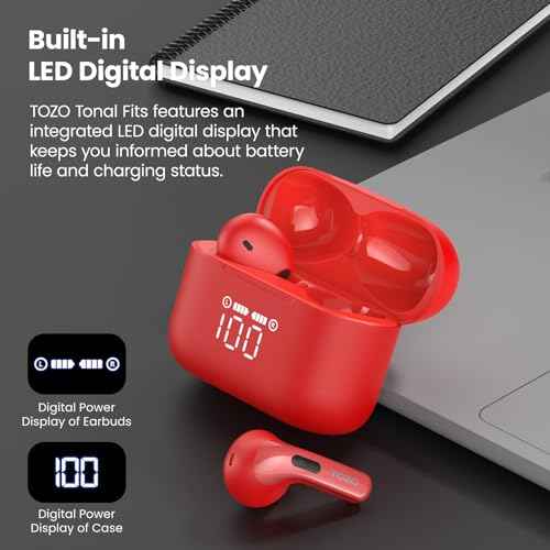 TOZO T21 Wireless Earbuds Bluetooth 5.3 in Ear Headphones Dual Mic Call Noise Cancelling IPX8 Waterproof 44H Playback Stereo Sound with LED Display Wireless Charging Case 32 EQs via APP Red